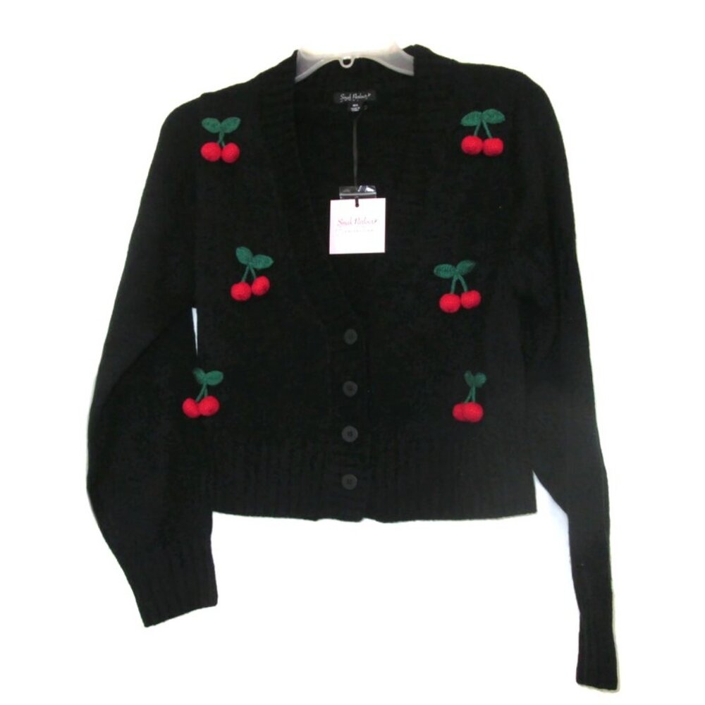 NEW Smak Parlour Black Cherries Cropped Knit Cardigan size medium large - Picture 3 of 7
